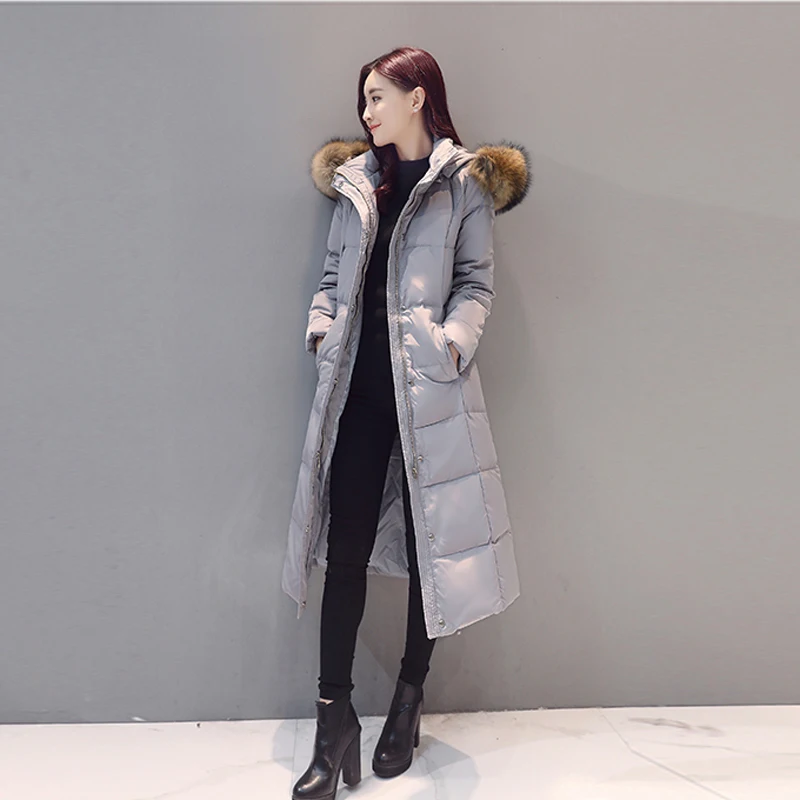 Real Raccoon Fur White Duck Down Coat Winter Jacket Women Long Warm Solid Color Hooded Parka Plus Size Snow Outwear Okb167