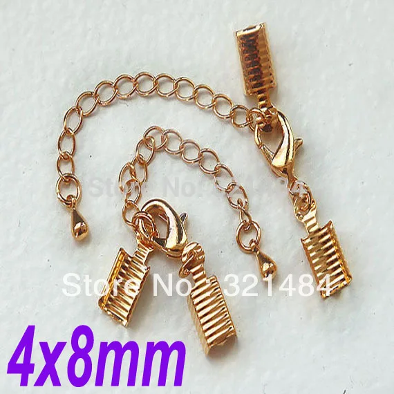 Gold Plated 200PCS 4x8mm Cord End Cap Clips with 12mm Lobster Claw Clasp and Extend Chain Set For Necklaces