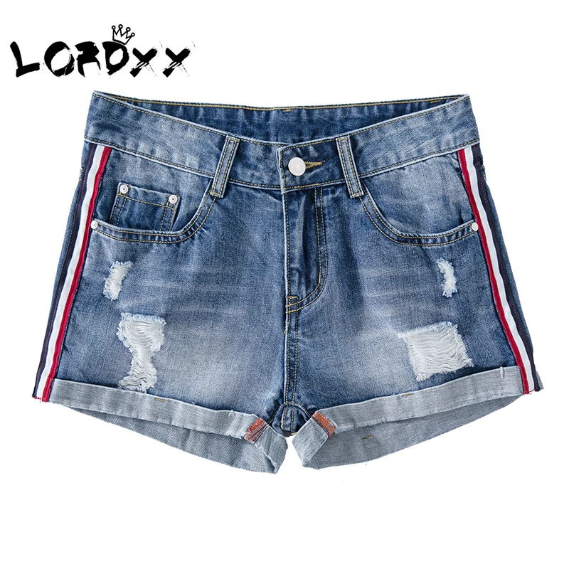 Женские джинсовые шорты LORDXX повседневные Синие рваные с полосками сбоку лето