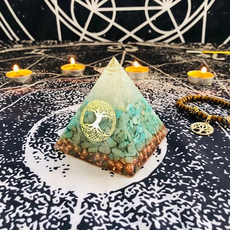 Orgonite Pyramid Raziel Vishuddha Chakra White Crystal Amazonite Resin Jewelry Decoration Faith Creativity Pyramid