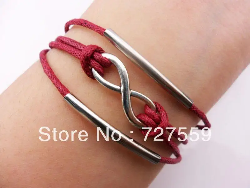 (Min Order $7) Charms Bangles Infinity Antique Silver Two Steel Pipes Red Girl Cotton Bracelet Cuff Gift Fashion Women Jewelry | Украшения