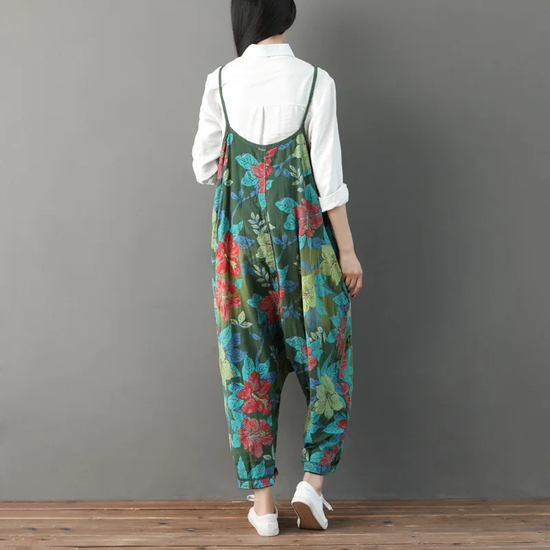 Spring Rompers Girl Summer Washed Old Jeans Sweet Floral Printed Women's Casual Jumpsuits Overalls Baggy Bib Pants