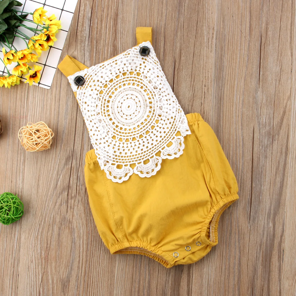 

Toddler Infant Baby Girls Lace Backless Bodysuit Jumpsuit Outfits Clothes One Piece Fashion Casual Sleeveless Yellow Clothing