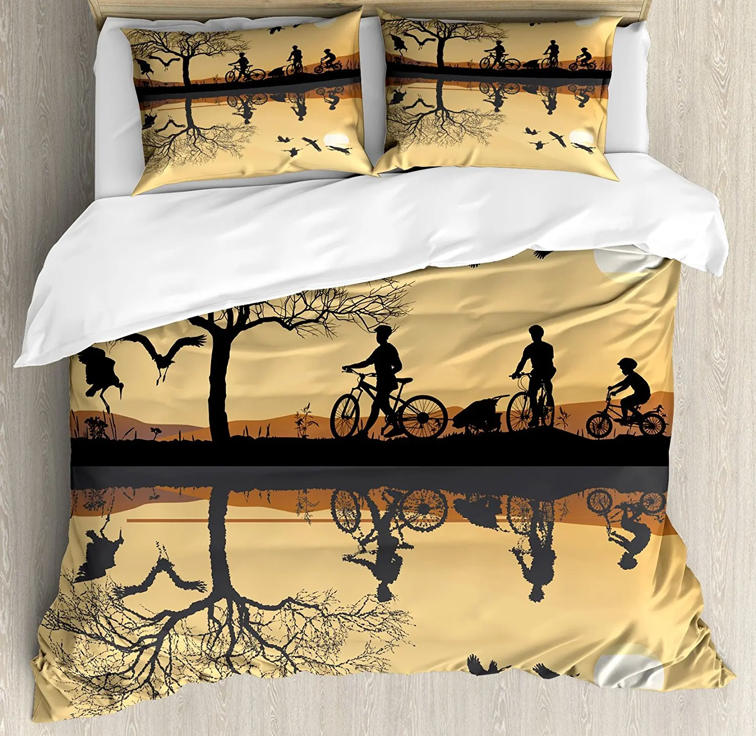 Набор пододеяльников для горного одеяла силуэт штрихов и семья с велосипедами