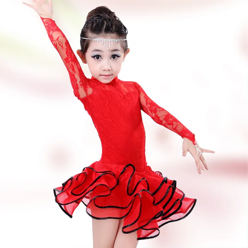 Red/Black/Yellow Long Sleeves Latin Dance Dress Girls Lace Flamenco Salsa Dresses Children Kids Ballroom | Тематическая одежда и