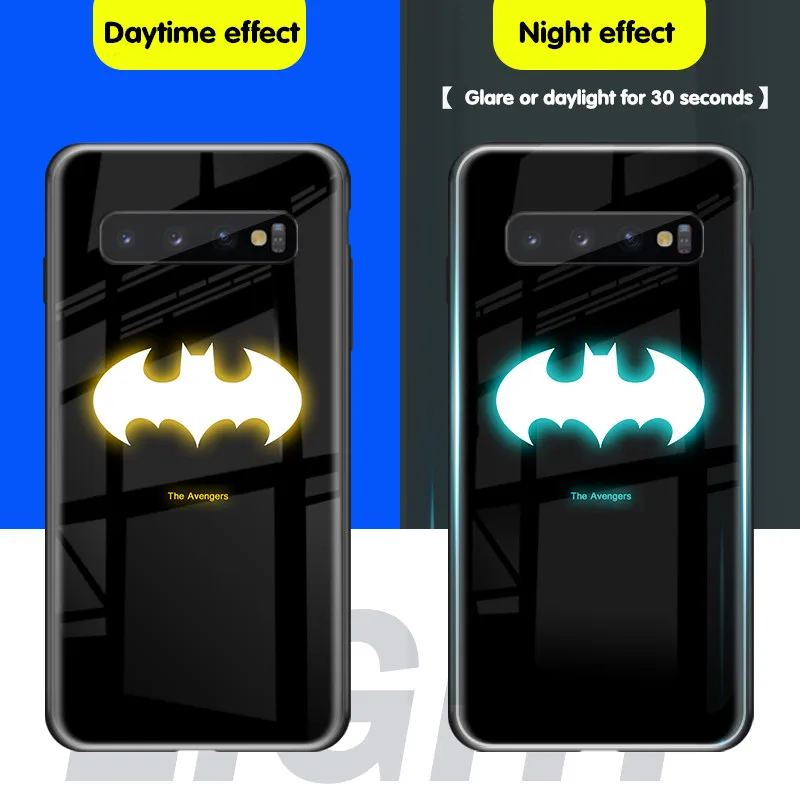 batman Горячая Мода светящийся Человек-паук закаленный стеклянный чехол для телефона для samsung galaxy s8 s9 s10 plus Note 8 9 Мстители чехол с суперменом светильник - Цвет: batman