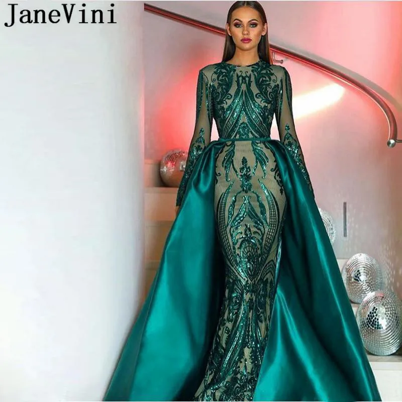 

JaneVini Bling Green Sequin Evening Dress Detachable Train Sexy Mermaid Long Sleeve Evening Gown Dubai Formal Dresses Lange Jurk