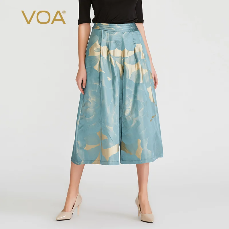 Свободные шелковые брюки VOA Lake Blue K933 неравномерный плиссированный дизайн