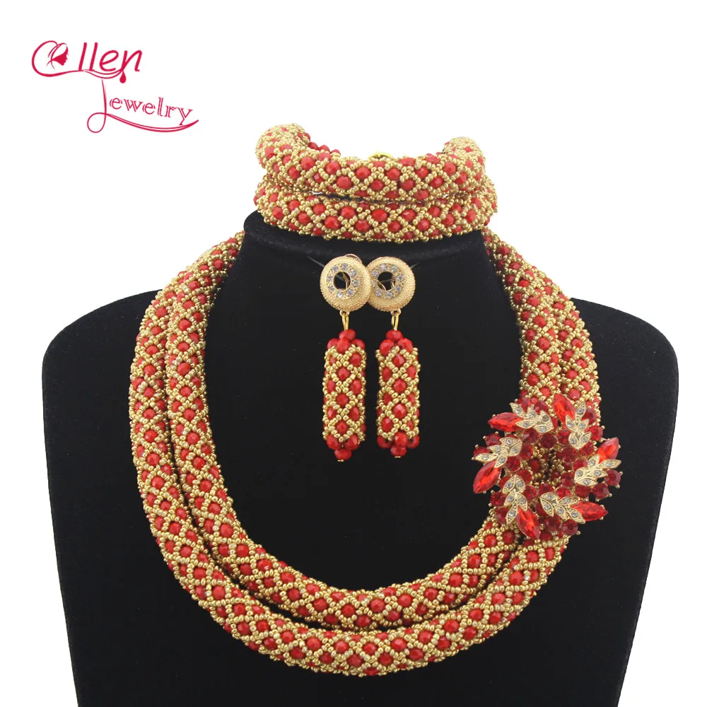 

Новейшие модные красные африканские бусины набор ювелирных изделий нигерийские Свадебные бусины Кристалл цветок броши комплект ювелирных изделий Бесплатная доставка W12811