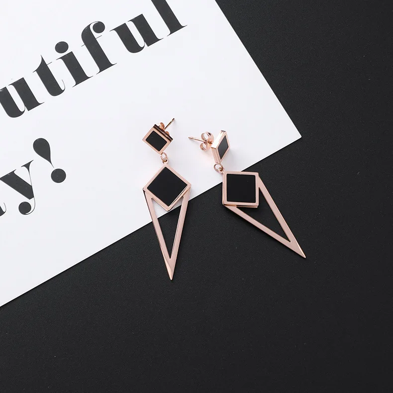 New Listing Geometric Titanium Steel long Tassel Girl Earrings gold Stainless Steel Triangle leaf Girl Black Jewelry Earrings 1