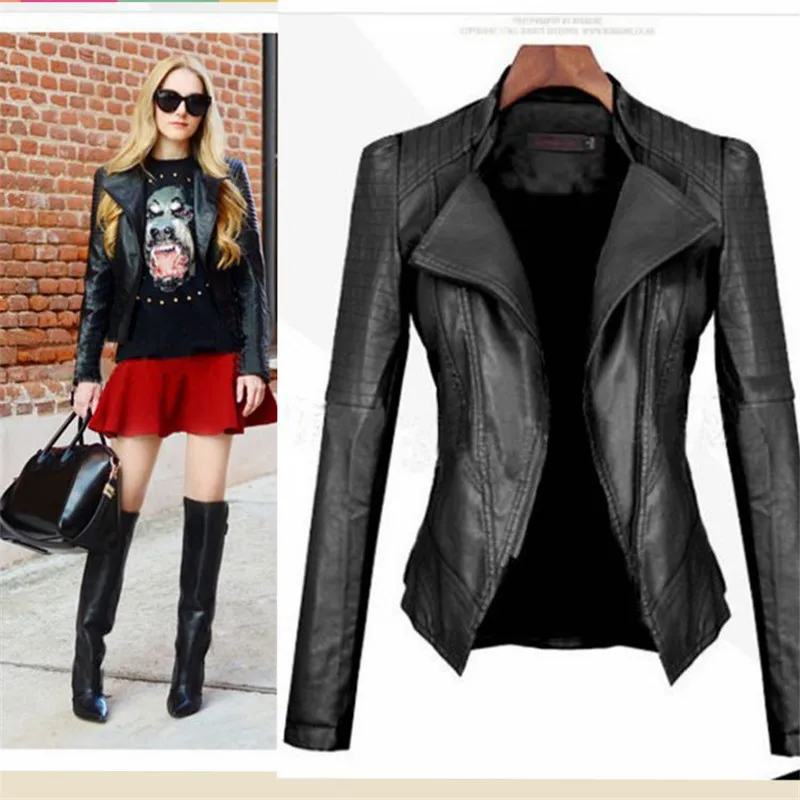 Черная Женская кожаная мотоциклетная куртка из искусственной кожи 2019 Новая