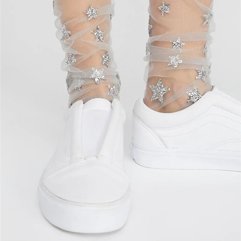 HARKO Chic Harajuku блестящие носки со звездами прозрачные сетчатые золотые Серебристые