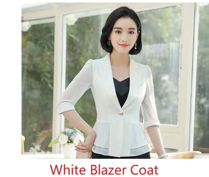 White Blazer Coat Весна Лето Половина рукава Формальные женские деловые костюмы OL стили профессиональные дамы офисная Рабочая одежда женские униформы наборы - Цвет: White Blazer Coat