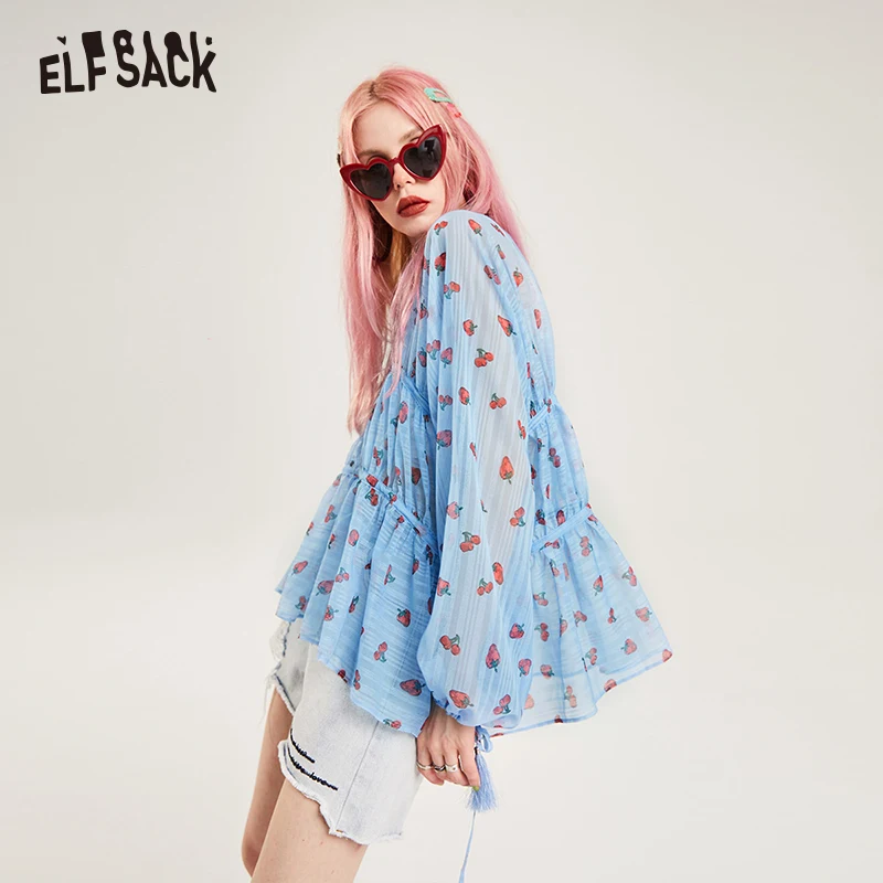 ELF SACK/Модные женские шифоновые блузки со шнуровкой и принтом в винтажном стиле с v
