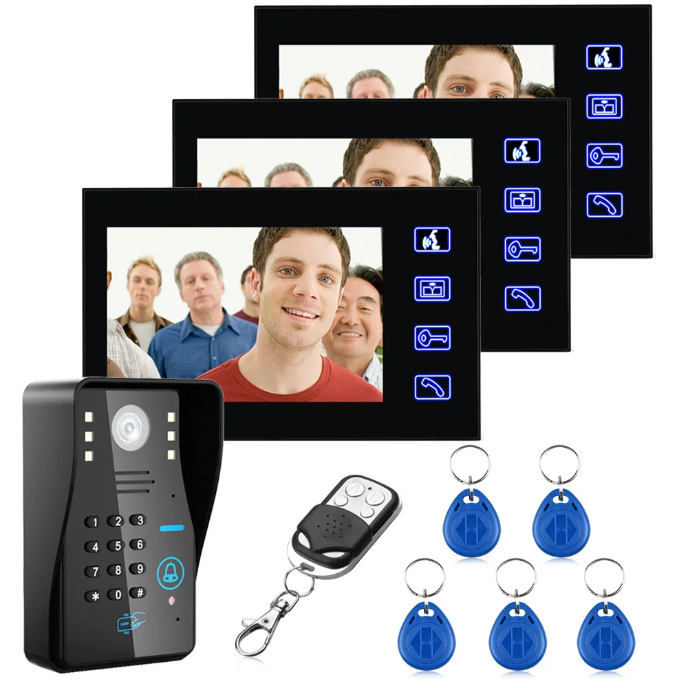 

Touch Key 7" Color Password RFID Video Door Phone Doorbell Video Intercom System 5 ID Card Video Intercom 3 Monitor Wholesale