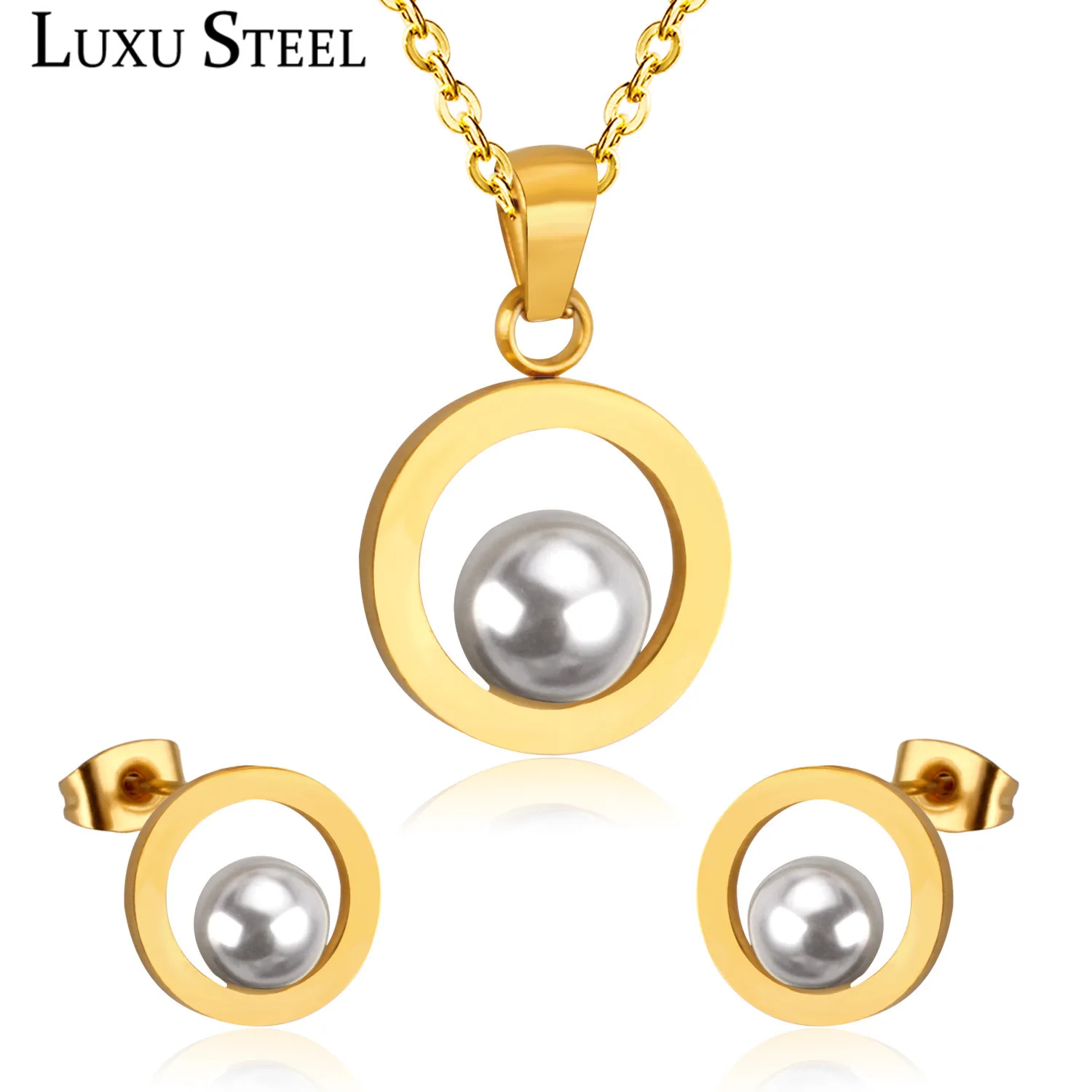 Комплект из колье и серёг LUXUSTEEL нержавеющей стали с круглым искусственным