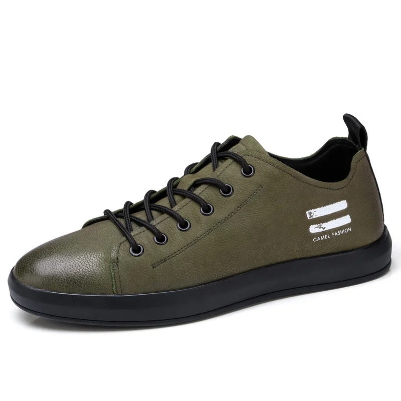 A812168280 Green CAMEL Men's Genuine Leather Casual Shoes Classic Fashion Male Lace up Flats Black White Men Flat Heel Daily Comfortable Footwear - Цвет: A812168280 Green