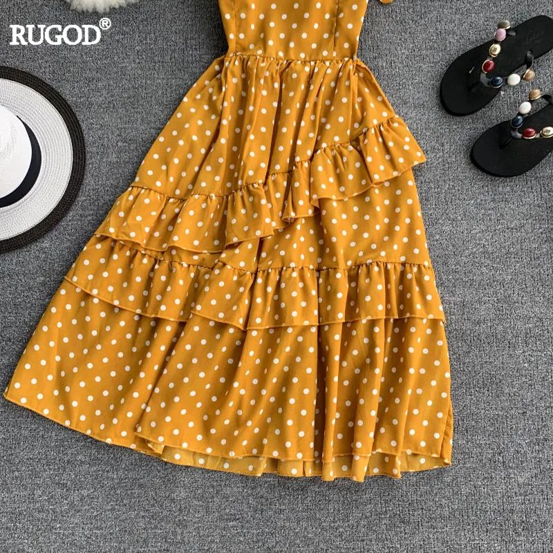 RUGOD Women Polka Dot Print Ruffle Dress 2019 Summer Spaghetti Strap Irregular Midi Preppy Style Korean Lady Vestido | Женская одежда