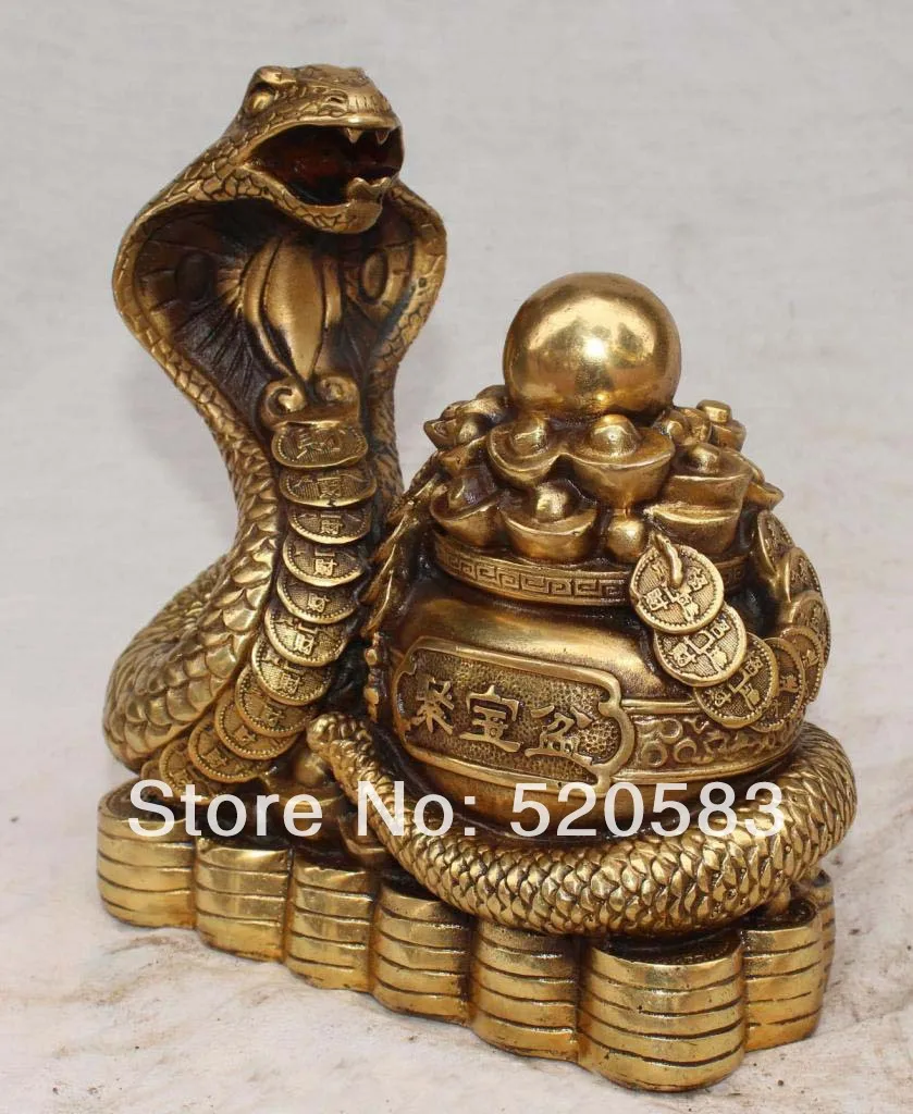 8"Marked Chinese Bronze Wealth YuanBao Money Snake Animal Ju bao Pen Ball Statue | Дом и сад