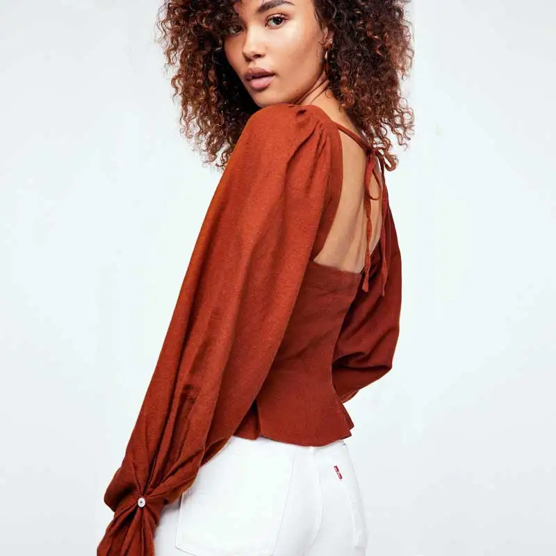 Винтажная вдохновленная женская рубашка приталенная Объемная блузка с рукавами