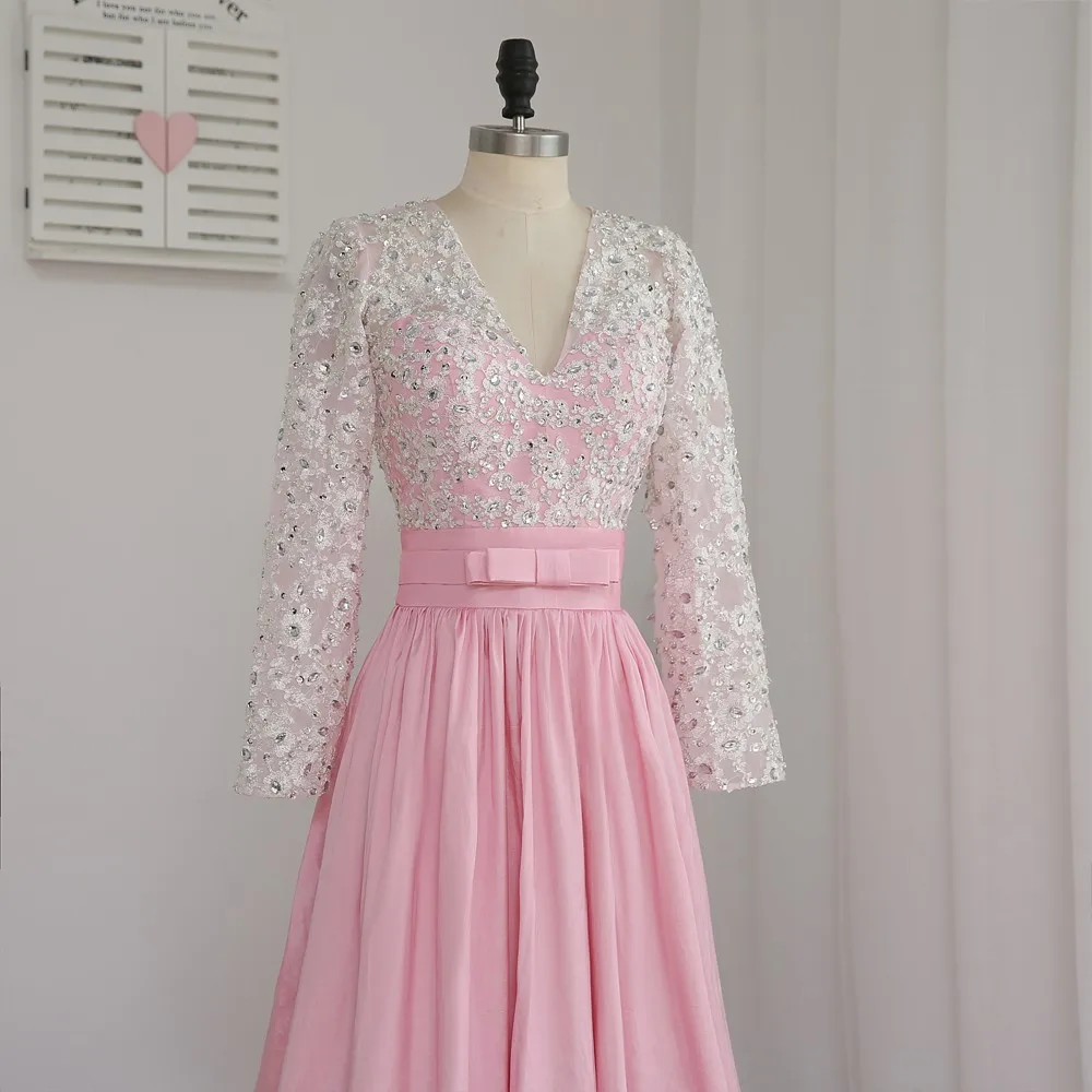 

Pink Evening Dresses A-line V-neck Long Sleeves Taffeta Appliques Beaded Long Evening Gown Prom Dress Prom Gown