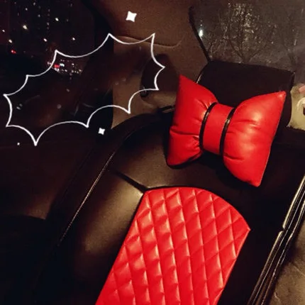 2pcs neck pillow Кожаные подушки с бантиком для шеи автомобиля, поддерживающие подушки, автомобильное безопасное сиденье, подголовник, набор подушек, розовый и красный цвета, автомобильные аксессуары для девочек - Цвет: 2pcs neck pillow