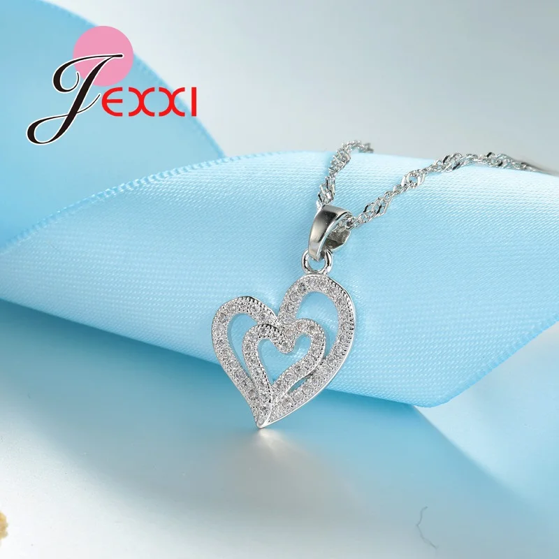 

Hot Sale 925 Sterling Silver Jewelry Sets Women Wedding Party Bijoux Necklace Earrings Double Hollow Hearts Pendant