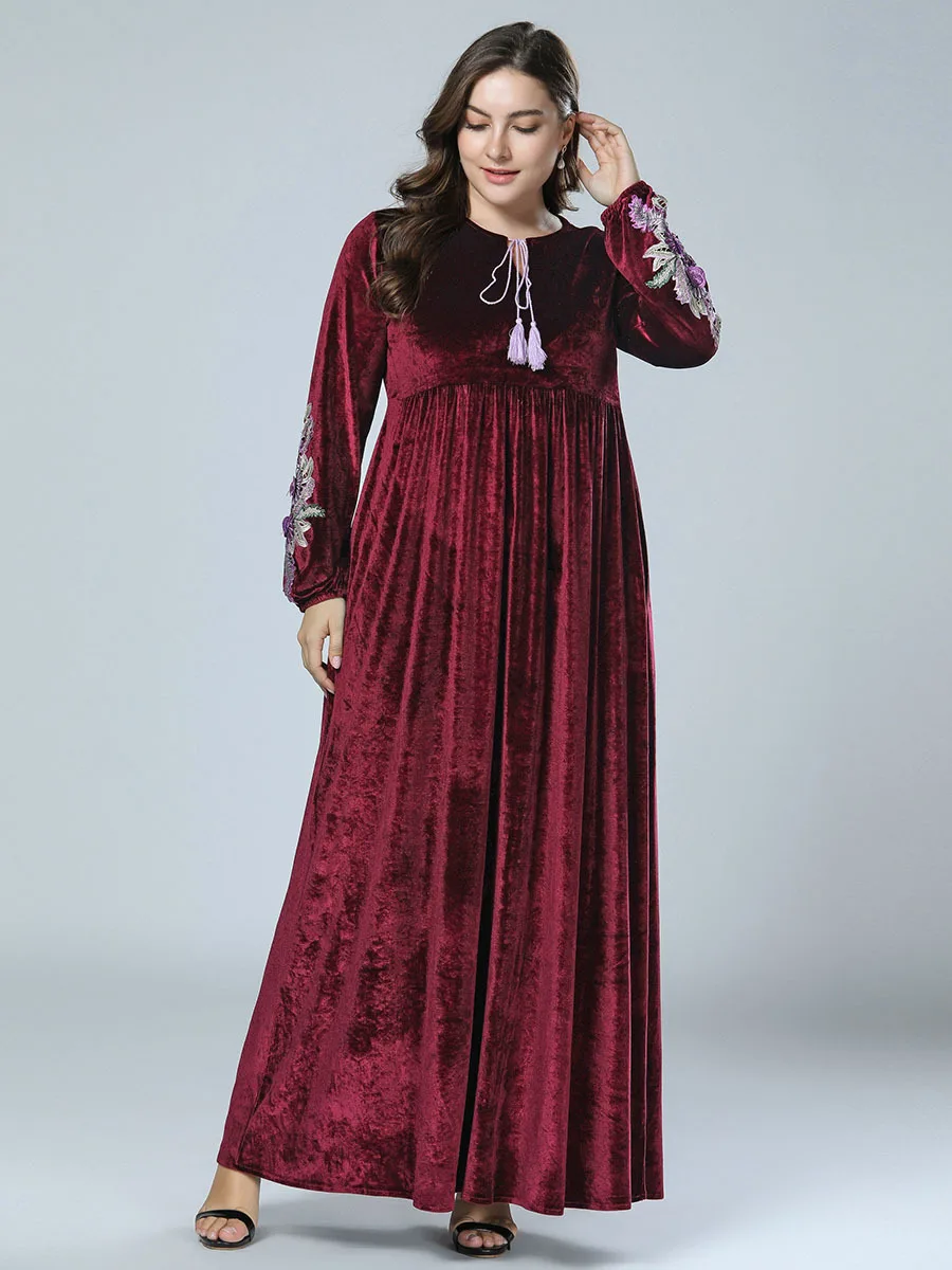 Женский красный бархат abaya Макси мусульманское платье длинный Восточный халат