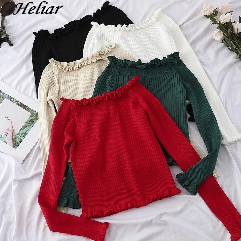 HELIAR Red Solid Shoulder Off Casual Jumper Spring Autumn Office Long Sleeve Womne Sweater Elastic Sexy Pullover Tops | Женская одежда