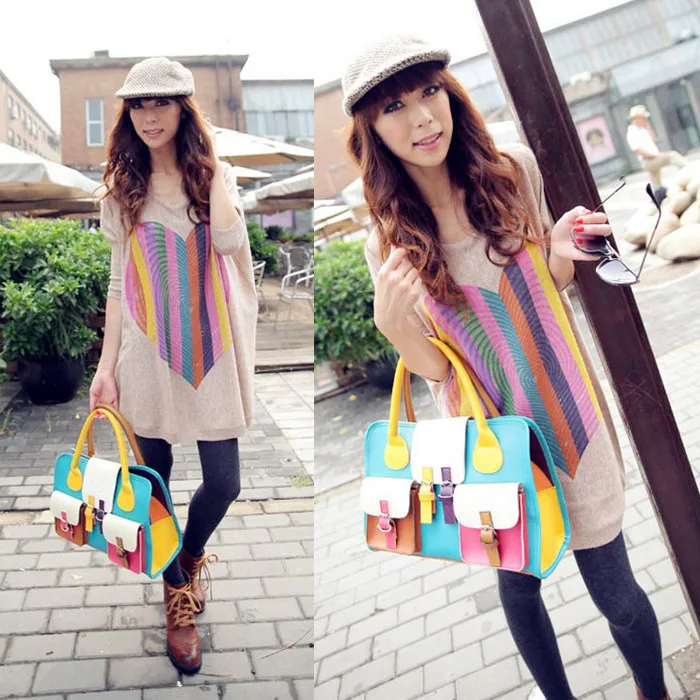 Vintage Hobo Women Handbag PU Leather Contrast Color Tote Satchel Shoulder Bag Blue |