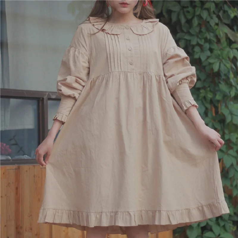 khaki Японский стиль, однотонное женское платье из чистого хлопка Kawaii, воротник Питер Пэн, рукав-фонарик, женское платье, Vestidos, розовое, черное, хаки, платье с оборками - Цвет: khaki