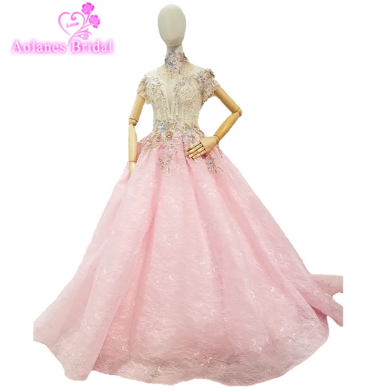 2018 Pink Tulle Evening Dress Sleeveless High Neck Formal Floor-length Ball Gown Vintage Prom Dresses Vestido De Festa | Свадьбы и
