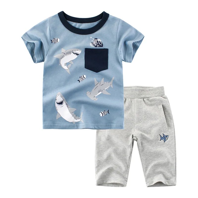 BINIDUCKLING/ г. Комплект детской одежды для маленьких мальчиков, летняя футболка с короткими рукавами и рисунком животных+ штаны, костюм Одежда для маленьких мальчиков - Цвет: Blue