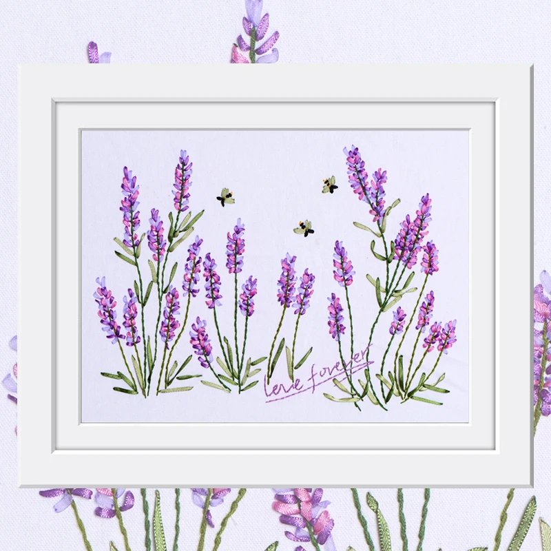 DIY Вышивка лентами Лаванда 3D Ленточные картины цветы Начинающий Рукоделие наборы для вышивки крестом шитье ремесло Домашний декор C-0312