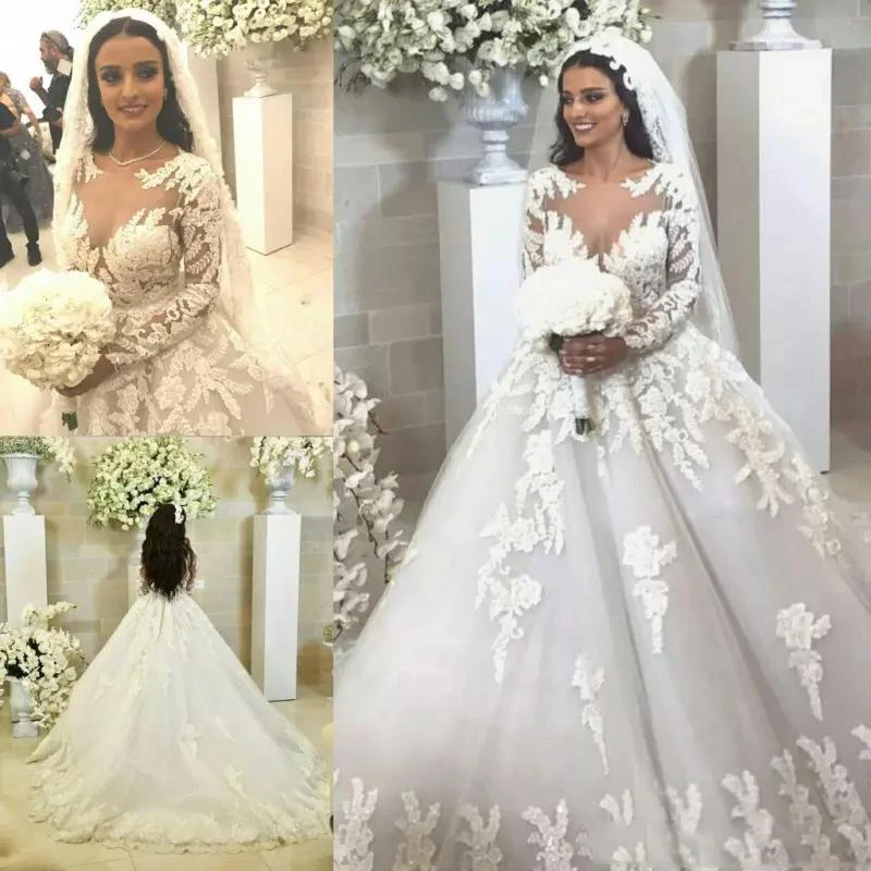 

Кружевное бальное платье принцессы Vestido de noiva воротник с длинным рукавом прозрачные кружевные свадебные платья кружевное платье для невест...