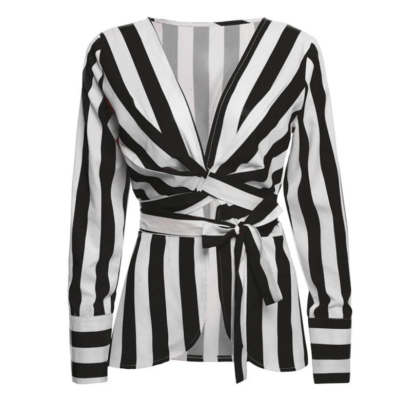 Для женщин в полоску с длинными рукавами camisetas mujer verano 2018 поясом Сексуальная V шеи