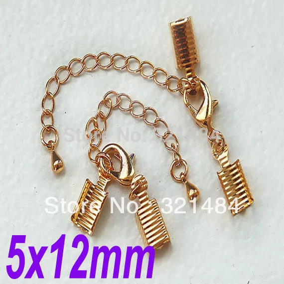 Gold Plated 200PCS 5x12mm Cord End Cap Clips with 12mm Lobster Claw Clasp and Extend Chain Set For Necklaces