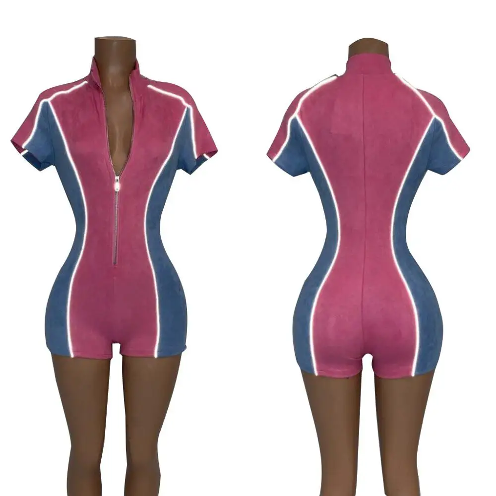 

Color Patchwork Pink Stand Short Zipper Skinny 2019 Sport Casual Wrap Bodysuit Women Jumpsuits Female Playsuits Overalls Party