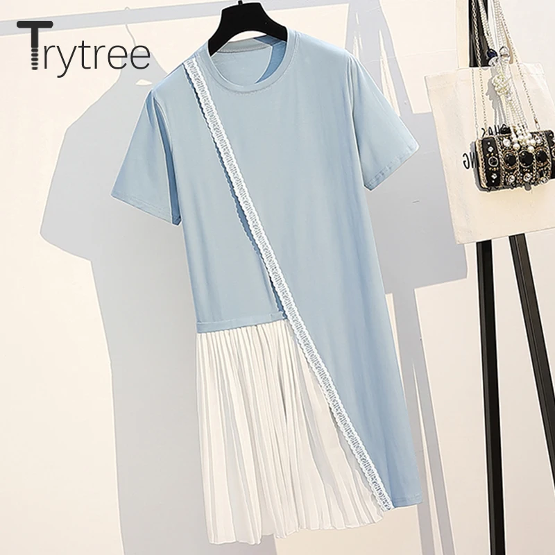 Женское кружевное платье с круглым вырезом Trytree белое плиссированное