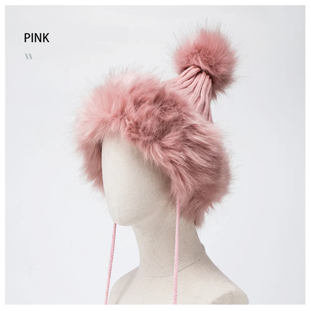 pink BISON деним с мехом помпоном шапки теплые зимние вязаные шапки s для женщин новые меховые шапки женские меховые шапки M9493 - Цвет: pink
