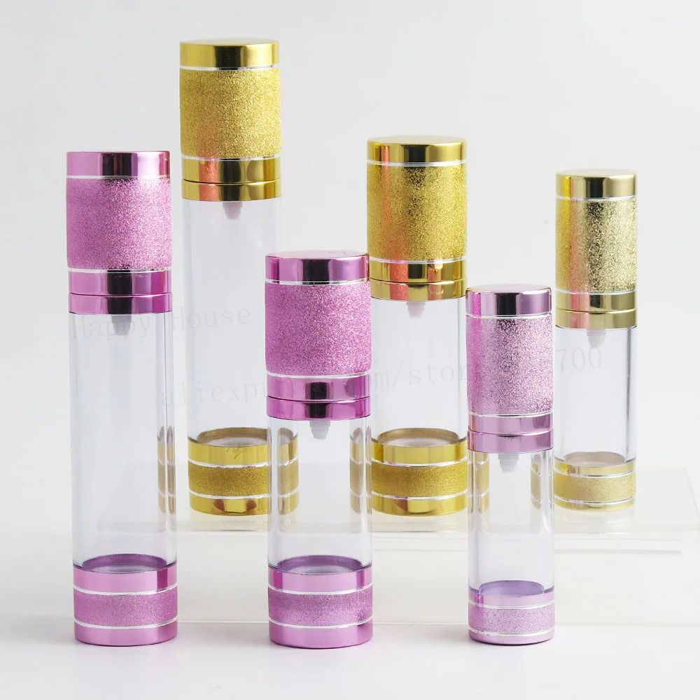 360pcs 15ML 30ML 50ML Cosmetic Vacuum Flask Pump Transparent Bottle Pink Gold Cap for Essential oils Perfume Essence Lotion