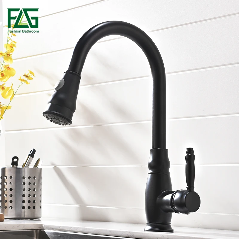 

FLG Kitchen Faucets Brass Black Pull Out Kitchen Mixer Tap 2 Way Function Water Mixer Deck Mounted Single Handle Sink Crane