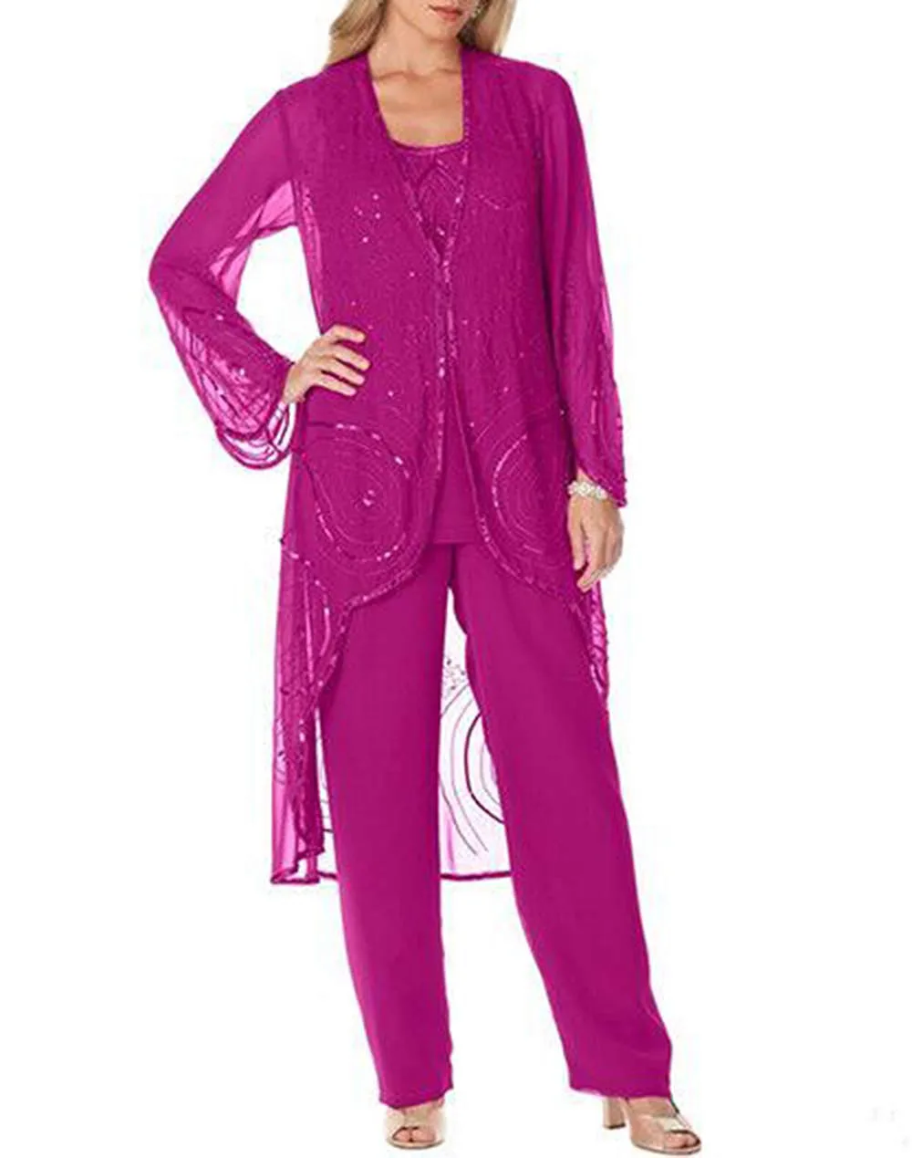 fuchsia Женские Элегантные Блестки из 3 предметов, шифоновое платье для матери невесты, брючный костюм, длина до пола для свадебного жениха - Цвет: fuchsia