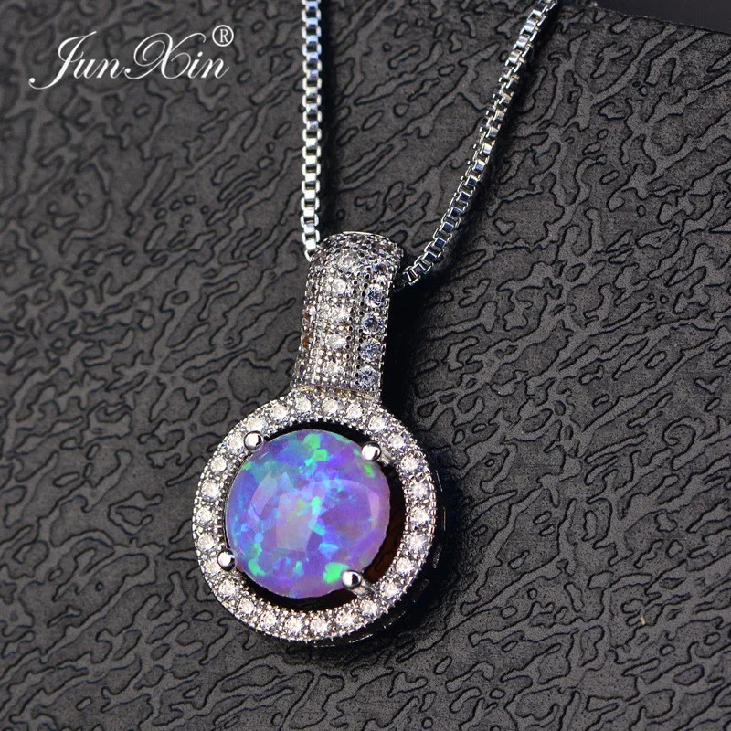 JUNXIN Female White/Green/Pink/Blue Fire Opal Necklace White Gold Filled Jewelry Simple Round Necklaces &amp Pendants For Women | Украшения