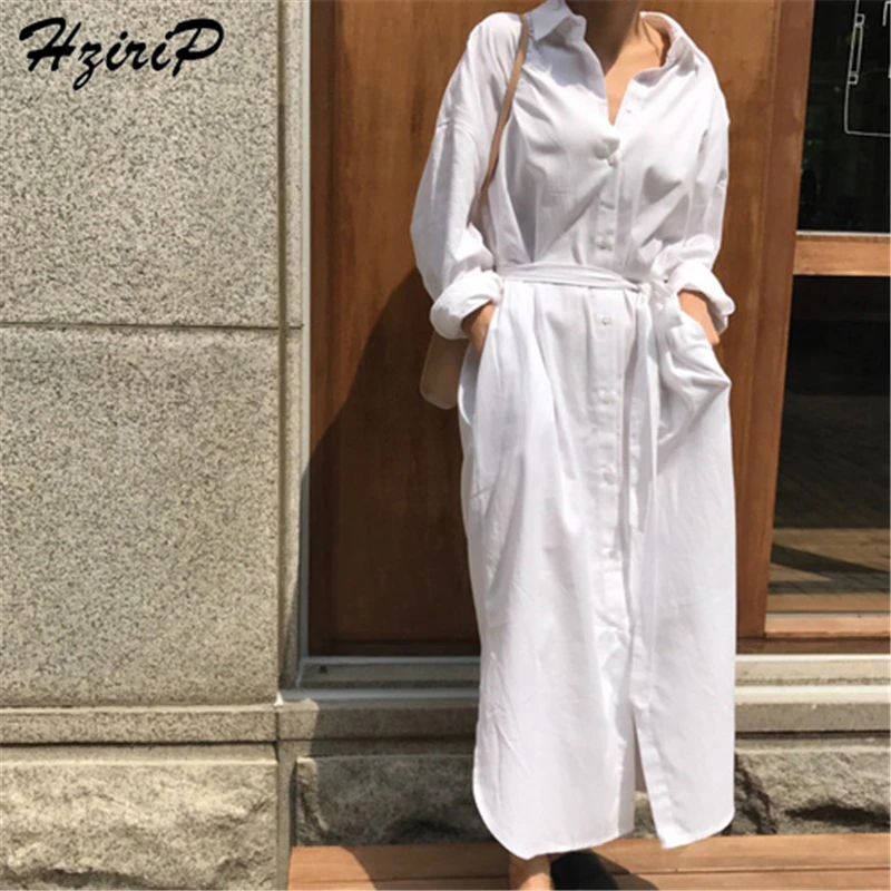 HziriP 2018 Summer Shirt Dress Women Elegant Solid Cotton Long Sleeve Turn-down Collar Sex Ladies Party Dresses Robe Femme | Женская