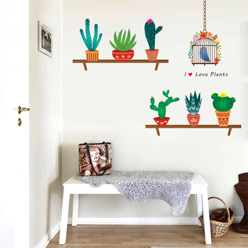 

cartoon cactus plants birds birdcage wall stickers for kids rooms living room home decor wall decals pvc mural diy posters art