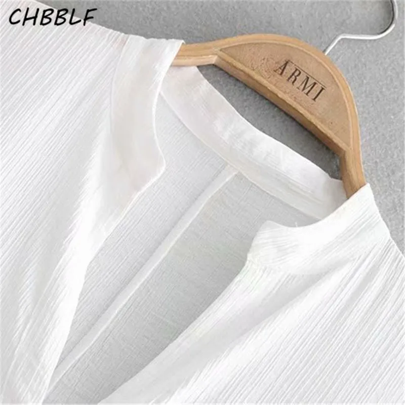 CHBBLF women white V neck dress buttons design three quarter sleeve female casual ruffles dresses vestidos NJN1328 | Женская одежда