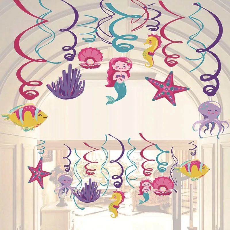 Mermaid flag 16pcs Детская вечеринка на день рождения, украшение «сделай сам», морская тема, Русалка, тянущийся флаг, медузы, тянущиеся цветы, вечерние украшения для душа ребенка - Цвет: Mermaid flag 16pcs