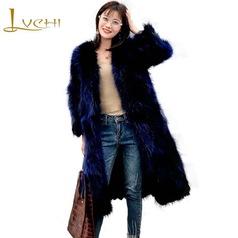 

LVCHI 2019 Spring Imported Fox Fur Coat Fur Coat Women's Pure Color Medium Causal Slim V-Neck Green Deep Blue Loss Fox Fur Coats