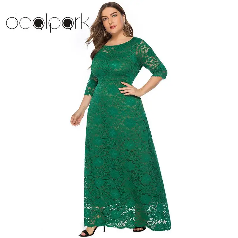 Женское кружевное платье макси с круглым вырезом высокой талией и